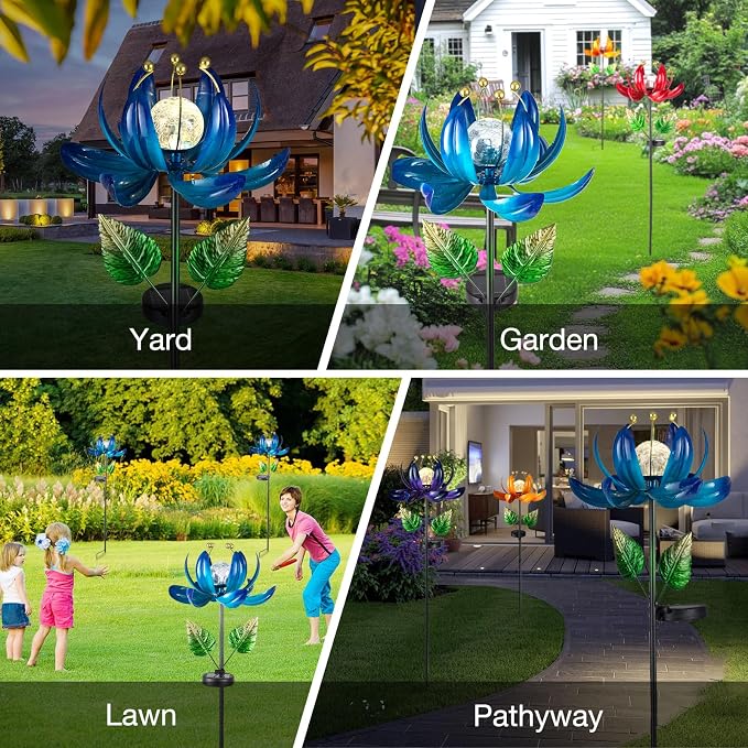 AIINY Solar Garden Lights Metal Flower Decor, Colorful Lotus Pathway Spinning Windmill with LED Cracked Crystal Ball Outdoor Decorative Stake Lighting Waterproof Flower Sculpture for Patio Yard