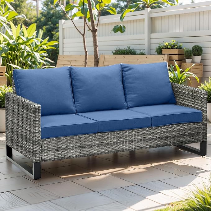 Luxury Wicker Outdoor Couch Patio Sofa - 3 Seater Rattan Outdoor Patio Couch Water Resistant,Comfortable Cushions and Sturdy Metal Frame for Outside Porch Deck Backyard Garden(Mixed Grey/Blue)
