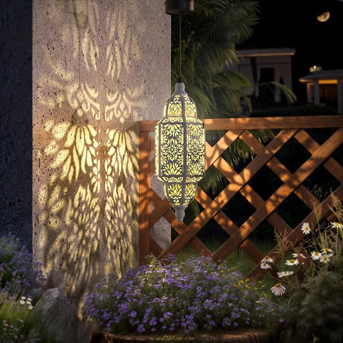 Twinkya 2 Pack Hanging Solar Lights Outdoor Garden Decorative Solar Lantern Waterproof Metal Moroccan Outdoor Decorations for Patio Pathway Yard Porch Backyard Garden Decor (White, 2 Pack)