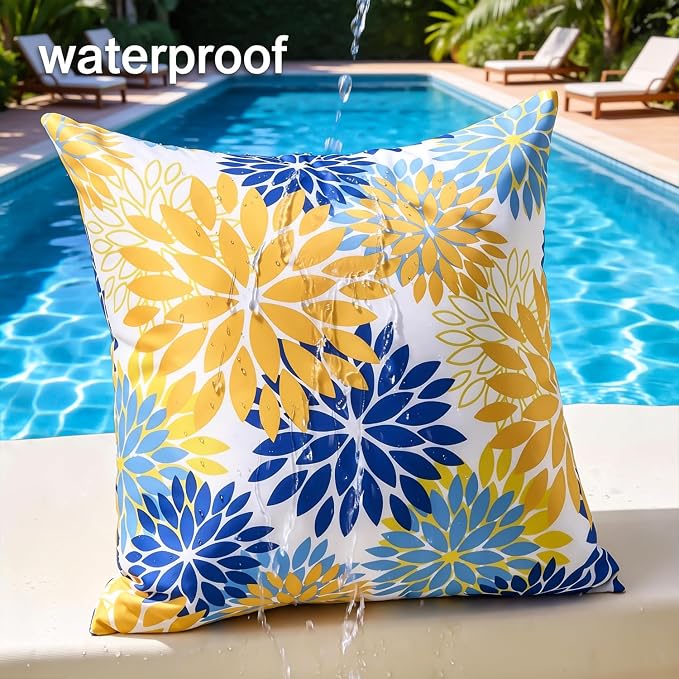 Dahlia Throw Pillow Covers 20×20 Inch Set of 2 Yellow and Blue Spring Summer Decorative Throw Pillow Cases Outdoor Pillows Waterproof Cushion Covers for Living Room Bedroom Garden Patio