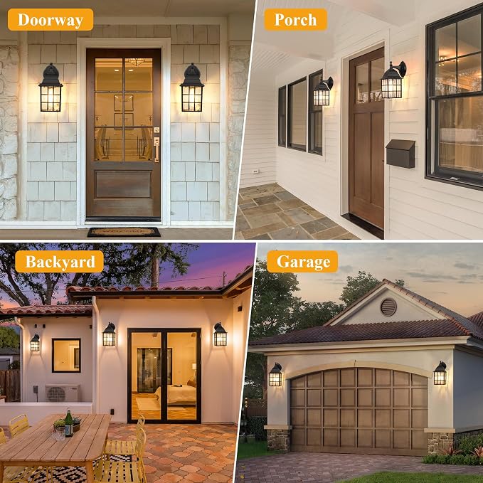 WIHTU Dusk to Dawn Outdoor Wall Lights 2Pack, Classic Exterior Porch Light | Aluminum Frame, Water Rippled Glass, Waterproof, E26, Sensor Exterior Lighting Fixtures, Wall Sconce For Garage, Front Door