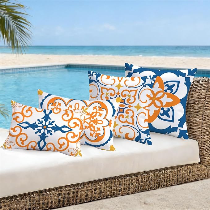 NIGHTWISH Outdoor Waterproof Pillow Covers 12x20 Set of 4 Yellow Boho Decorative Outdoor Throw Pillows Floral Cushion Cases for Patio Furniture Bench Couch Sunbrella