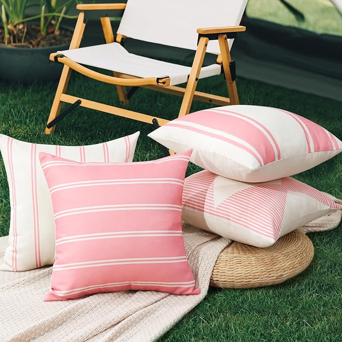 OTOSTAR Outdoor Waterproof Decorative Throw Pillow Covers 20x20 Inch Geometry Pillow Cases Square Cushion Case Garden Pillow Covers Pillows Shell for Patio Furniture Couch Tent Balcony Set of 4 (Pink)