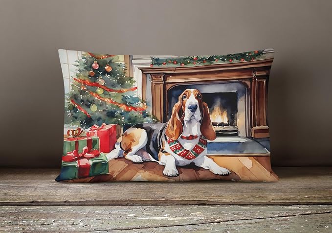 Caroline's Treasures DAC2603PW1216 Basset Hound Cozy Christmas Throw Pillow Machine Washable, Indoor Outdoor Decorative Pillow for Couch, Bed or Patio, 12HX16W