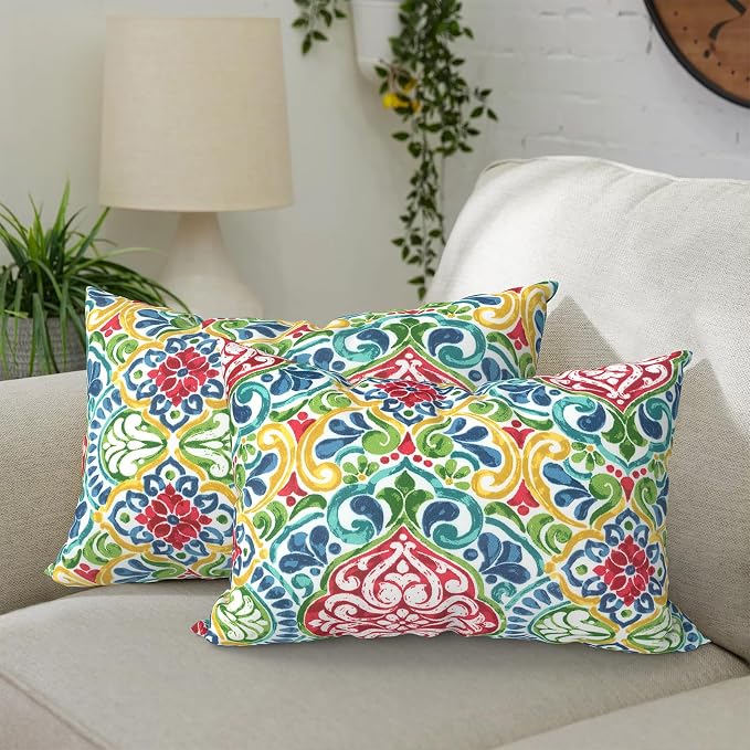 DYTXIII Pack of 2 Waterproof Outdoor Lumbar Pillow with Inserts, 12x20 in Rectangle Decorative Patio Throw Pillow for Home, Sofa,Bench and Patio Furniture, Damask Red