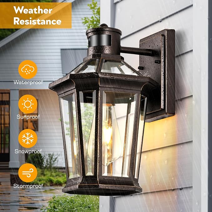 VIANIS Outdoor Motion Sensor Porch Light, Anti-rust 2-Pack Exterior Lighting Fixtures, Farmhouse Oil Rubbed Bronze Gold Trim Exterior Light,Waterproof Dusk to Dawn Outdoor Lighting with Tempered Glass