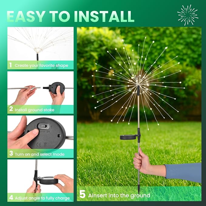PEVOROS Solar Firework Fairy Garden Lights Outdoor, Green, 4 Pack | 120 LEDs, Waterproof, Fairy Garden Decor, Auto On/Off, Solar Powered, for Yard, Patio, Porch, Flower Pot, Pathway