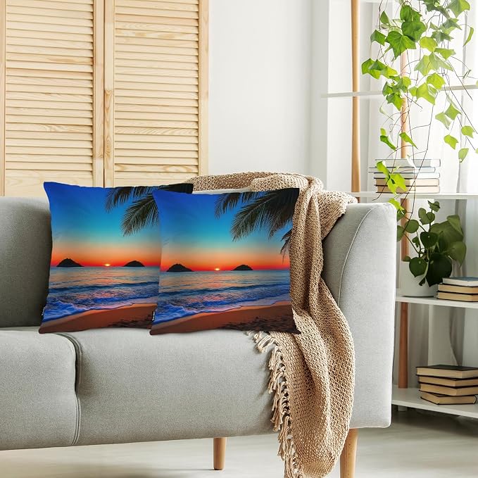 Swono Ocean Beach Set of 2 Throw Pillow Covers Hawaii Ocean Sea Palm Tree Sunset 18x18 Inches Pillow Cases Standard Cushion Cover Square Pillowcases for Men Women Decorative Home Bed Sofa