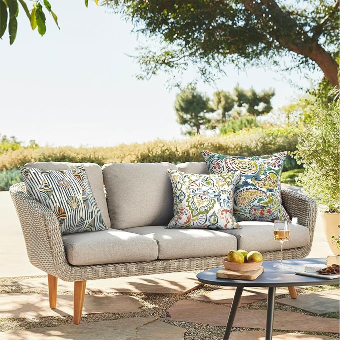 Outdoor Throw Pillows 16x16 Inch, Water Repellent Patio Pillows with Inners Set of 2 for Patio Furniture Home Graden, Paisley Botanical