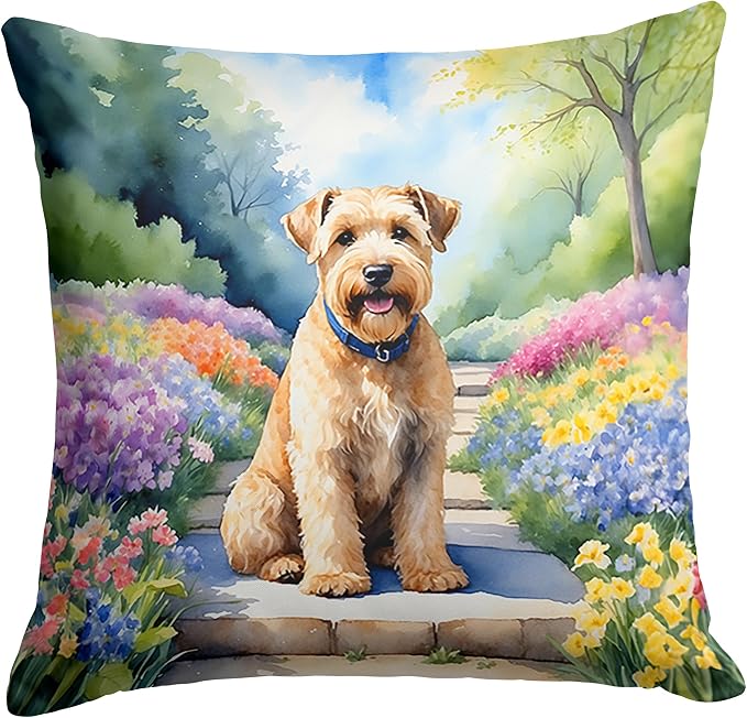 Caroline's Treasures Wheaten Terrier Spring Path Throw Pillow Machine Washable, Indoor Outdoor Decorative Pillow for Couch, Bed or Patio, 14Hx14W