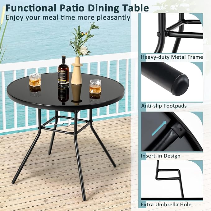 Tangkula 34 Inch Patio Dining Table, Round Tempered Glass Table with 1.5” Umbrella Hole, Heavy-Duty Metal Frame, Outdoor Metal Dining Table for Garden, Balcony, Porch