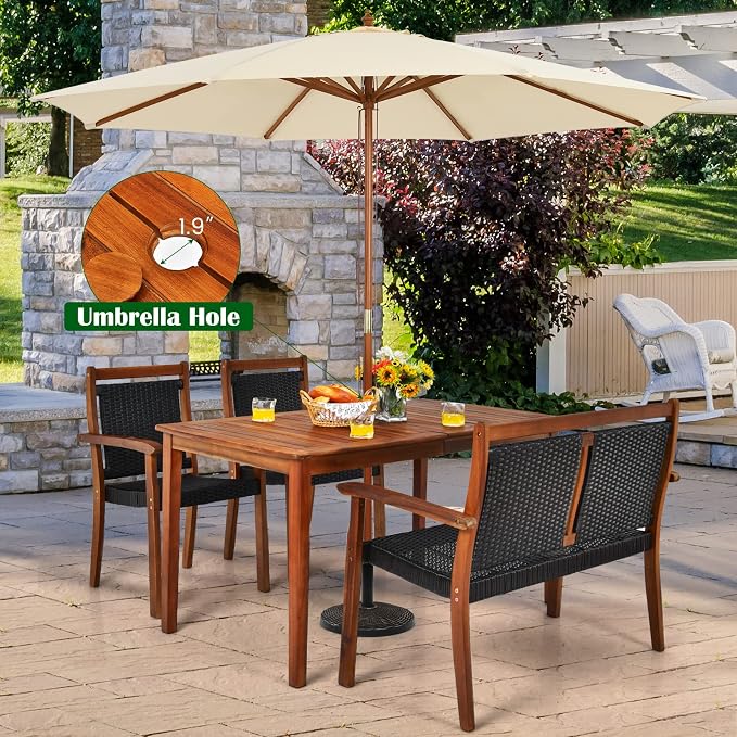 HAPPYGRILL 4 Piece Patio Dining Set Outdoor PE Rattan Space-Saving Dining Table Set with Umbrella Hole, Patio Armchairs and Acacia Wood Table Set for Garden Backyard Poolside