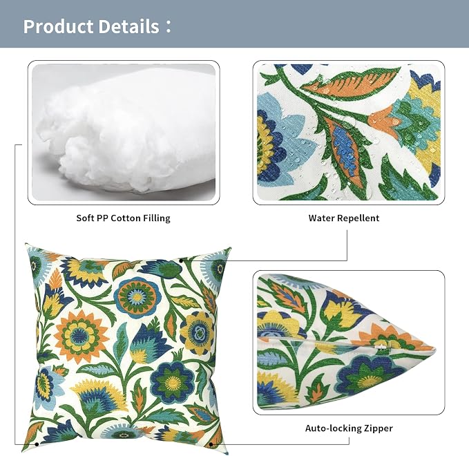 Outdoor Pillows with Insert 16x16 Inch, Waterproof Throw Pillow for Patio Furniture, Decorative Back Cushion for Garden Home Sofa Office Chair, Set of 2, Fiesta Floral