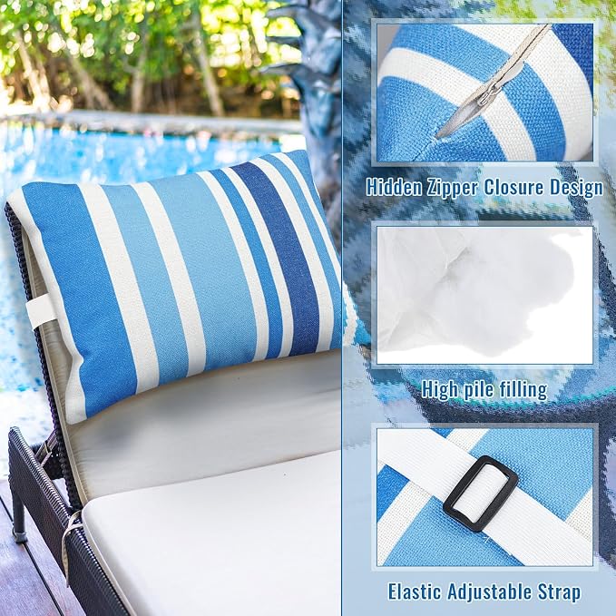 Juexica 4 Pack Chaise Lounge Headrest Pillow, Decorative Outdoor Patio Neck Headrest Pillow, Adjustable Elastic Strap & Insert, Waterproof for Pool Recliner Hammock Beach Chair(Blue & White, Stylish)
