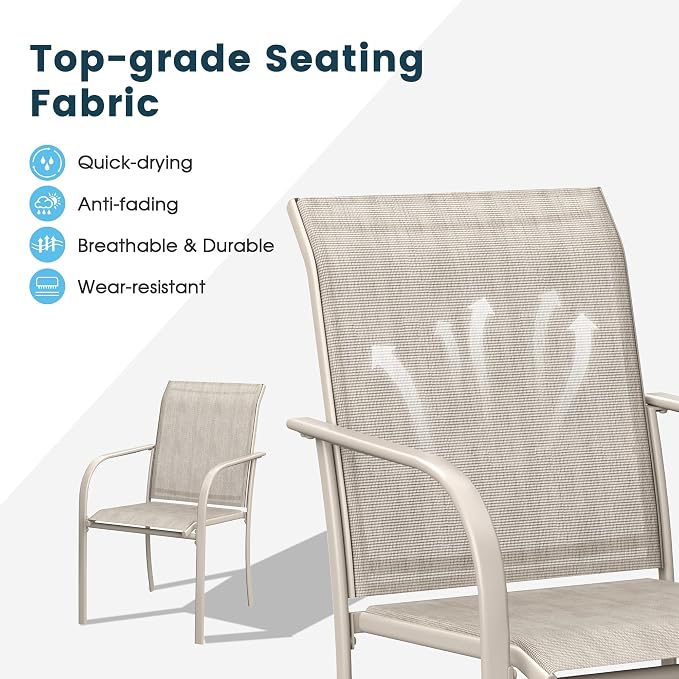 7 Pieces Patio Dining Set, 50" Round Dining Table with Umbrella Hole, 6 Stackable Textilene Fabric Chairs, Metal Structure for Patio, Porch, Garden, Sandshell
