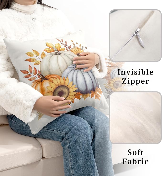 Fall Pillow Covers 18x18 Set of 2 Colorful Pumpkin Sunflower Wreath Throw Pillow Covers Autumn Harvest Pillow Case Thanksgiving Cushion Case for Home Decor Couch Sofa