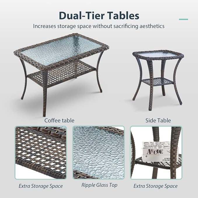 7 Piece Patio Furniture Set - Wicker Patio Conversation Set with Swivel Glider, 3 Seat Sofa, 2 Ottomans, Glass Side Table and Coffee Table for Deck Backyard - Brown Wicker Grey Cushion