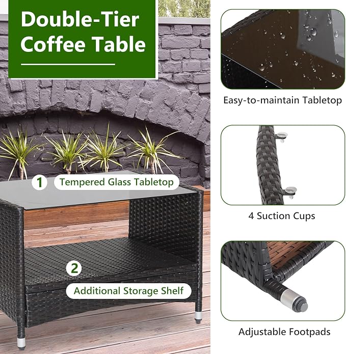 HAPPYGRILL 4 Pieces Rattan Patio Furniture Set, Mix Brown Wicker Sofa Set with Soft Seat Cushions, 2-Tier Tempered Glass Coffee Table, Outdoor Rattan Conversation Set for Backyard Poolside