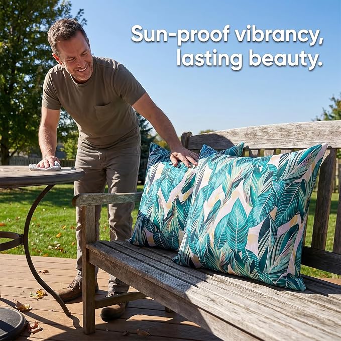 Summer Outdoor Pillow Covers Waterproof Decorative Throw Pillow Covers Green Tropical Leaves Couch Covers 16x16 Set of 2 Square Outdoor Cushion Cases for Patio Furniture Garden Tent Balcony Bench