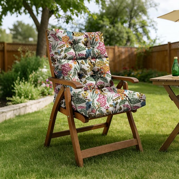 Tufted High Back Adirondack Chair Cushion 45"x21"x4",Floral | Patterned outdoor cushion with ties; premium padded design fits garden rocking chairs, multiple color options available