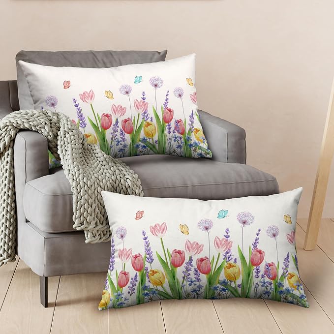 Spring Summer Floral Rectangle Pillow Case 12x20 Pink Tulip Lumbar Throw Pillow Covers Flowers with Butterflies Decorative Waist Pillowcase Set of 2 for Bed Couch Sofa