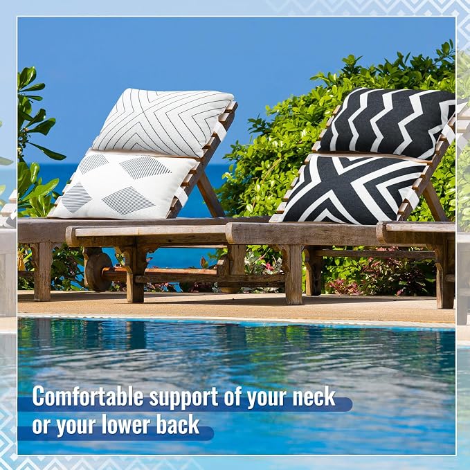 Juexica 4 Pcs Black & White Chaise Lounge Headrest Pillow, 16 x 11'', Stripe Decorative Outdoor Patio Neck Headrest Pillow, Adjustable Elastic Strap, Waterproof for Pool Recliner Hammock Beach Chair