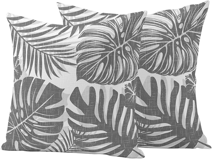 Grey Palm Leaves Outdoor Pillow Covers 26"x26" Set of 2, Tropical Botanical Minimalist Modern Waterproof Throw Pillow Covers for Patio Furniture, Decorative Cushion Covers for Porch