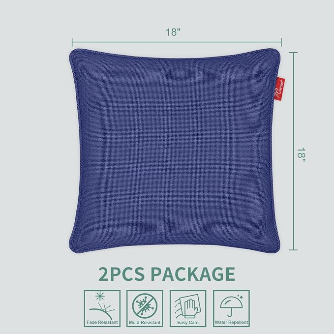 Pack of 2 Outdoor Throw Pillows,18x18 Inch All-Weather Water-Resistant Patio Pillows with Inserts,Decorative Pillows for Patio Furniture,Couch,Sofa,Poolside,Deep Blue
