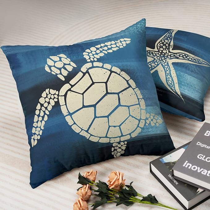 Marine Turtle Couch Pillow Covers 22x22 Pack of 2 Mediterranean Style Pillowcases Sea Animal Cushion Cases Navy Blue Throw Pillow Case for Patio Sofa Bed Decor