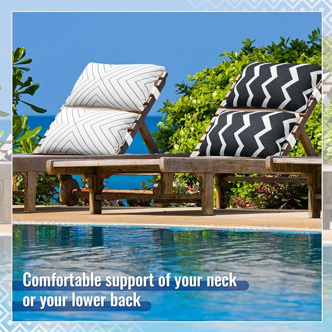 Juexica 2 Pack Chaise Lounge Pillow with Strap Outdoor Waterproof Beach Chair Neck Headrest Pillow Adjustable Elastic Band for Hammock Lumbar Recliner Pillows for Patio Pool Chair(Classic Black White)