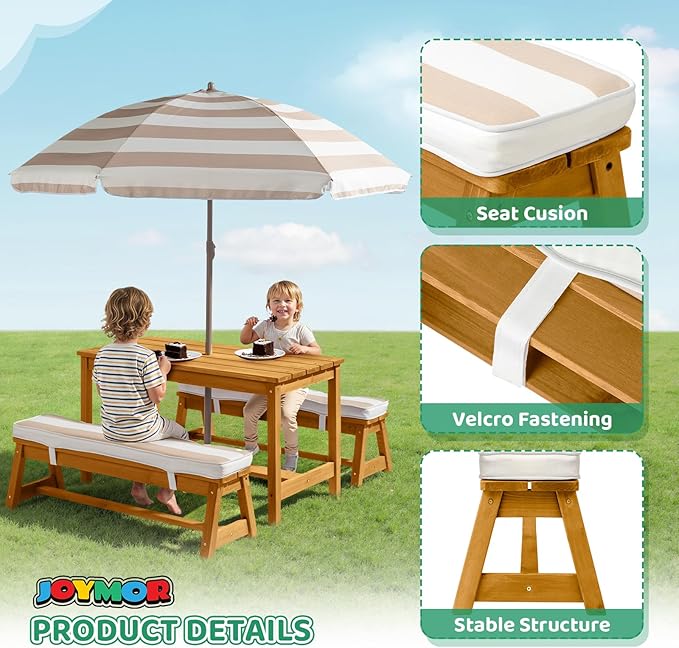 JOYMOR Kids Picnic Table Outdoor Wooden Table & Bench with Adjustable Umbrella, Picnic Table Set w/Removable Cushions for Backyard, Patio, Garden, Indoor(Natural)