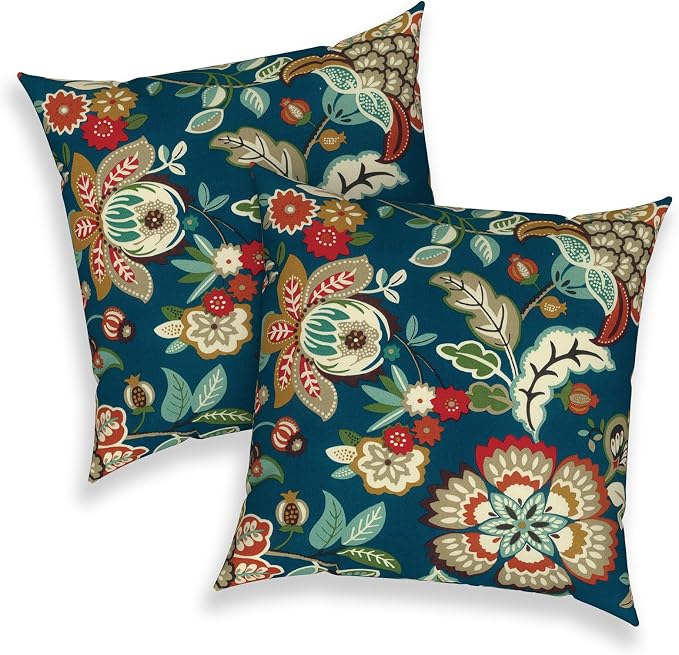Outdoor 16x16 Inch Throw Pillow Covers Set of 2, All Weather Square Pillow Cases, Patio Cushion Pillow of Home Furniture Use, Peacock Blue