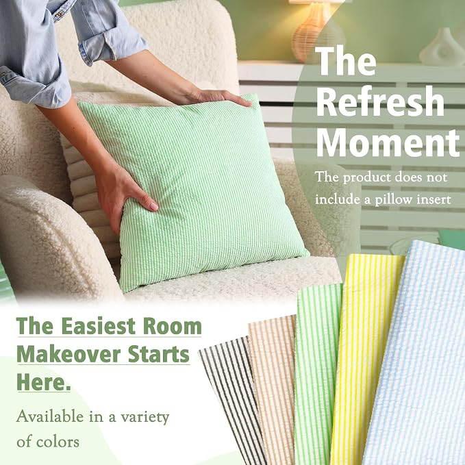 Huhumy Green Throw Pillow Cover 18" x 18" for Home Decoration Striped Modern Style Decorative Cushion Covers No Inserts Seersucker Pillow Cover for Living Room, Chair, Bed, Couch, Set of 4