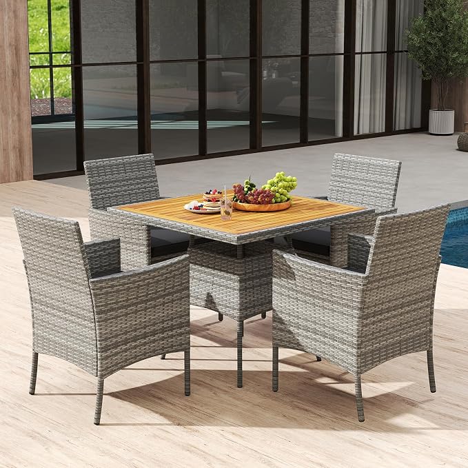HAPPYGRILL 5 Pieces PE Wicker Patio Dining Set with Table and Chairs with Cushions, Outdoor Patio Furniture Set for Deck, Garden and Backyard (Grey Black & Wood)