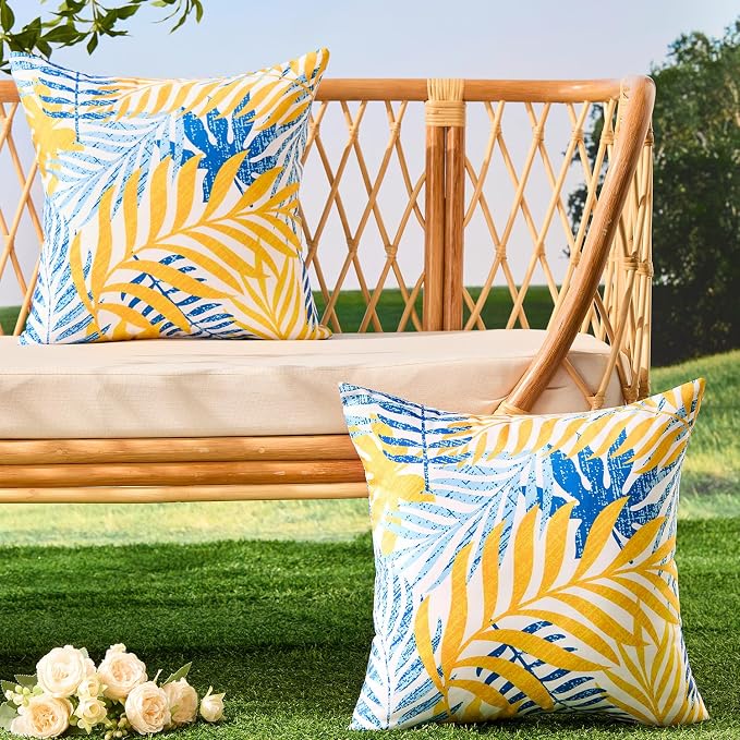 Allorry Outdoor Pillow Covers 18x18 Set of 2 Hawaii Tropics Palm Leaves Blue Yellow Floral Pattern Decoration Pillow Covers for Spring Summer Outdoor Waterproof Garden Patio Sofa Bed Decor JB010-D18