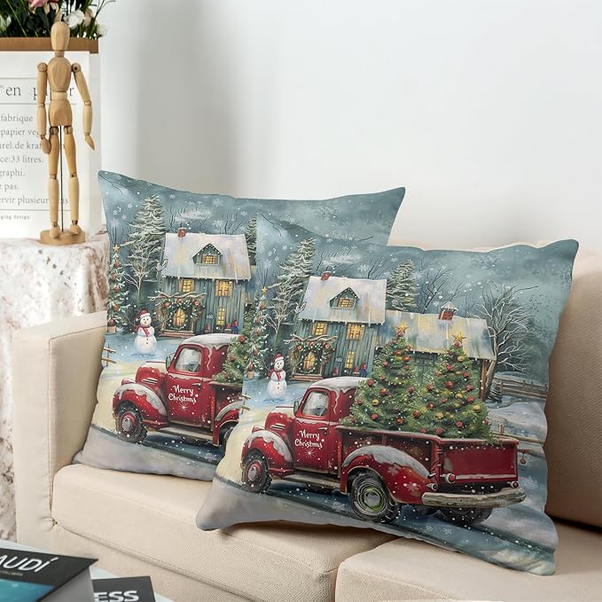 Xmas Tree Cabin Snowman Pillow Covers 20x20 Red Truck Christmas Pillow Case Merry Christmas Cushion Case Set of 2 for Winter Holiday Decorations Couch Bedroom