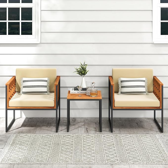 HAPPYGRILL 3 Pieces Wood Patio Furniture Set, Acacia Wood Conversation Set with 2 Cushioned Chairs, Outdoor Patio Bistro Set for Porch, Balcony, Garden, Backyard