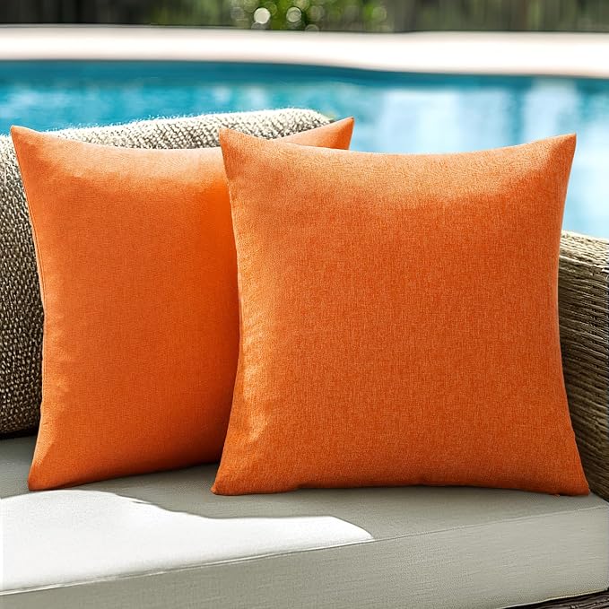 ANRODUO Outdoor Waterproof Pillow Covers for Patio Orange 18x18 Pack of 2 | Outdoor Pillow Covers for Patio Furniture, Decorative Linen Cushion Sham, Outside Square Pillowcase for Garden Balcony Decor