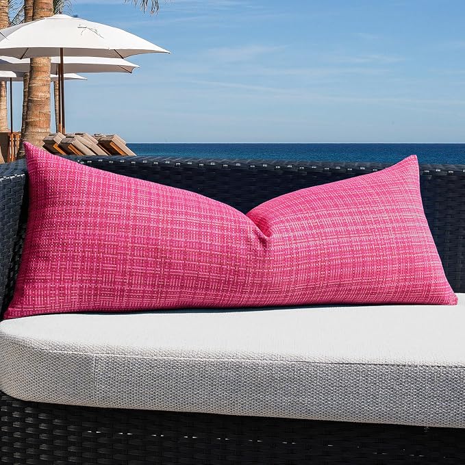 Kevin Textile Outdoor Waterproof 14"x36" Pillow Cover 1 Pack, Hot Pink | Water Resistant, Faux Linen Yarn-dyed, Woven Texture Throw Pillow Covers for Tent Patio Garden Couch Sofa