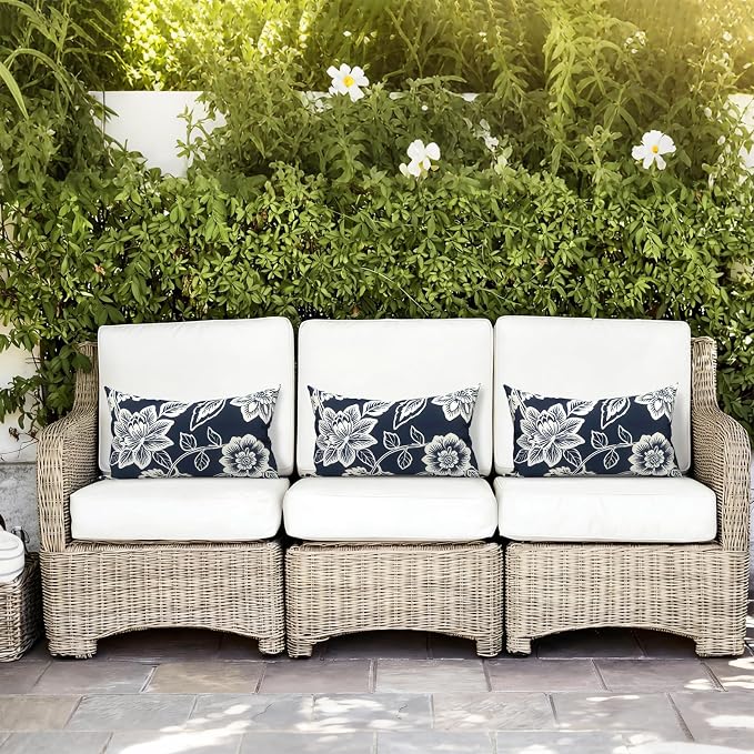 LVTXIII Outdoor/Indoor Lumbar Pillows, Decorative Patio Lumbar Cushions, Fluffy Water Repellent Garden Cushions for Home Patio Coach Sofa Use, 12×20 Inch, Pack of 2, Elegant Vines Navy
