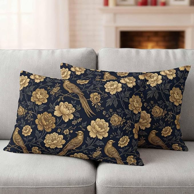 Vintage Gold Navy Blue Floral Outdoor Pillow Covers 20"x12" Set of 2, Bird Peony Flower Traditional Waterproof Throw Pillow Covers for Patio Furniture, Decorative Cushion Covers for Porch
