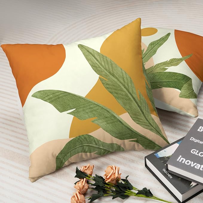 Set of 2 Tropical Leaves Throw Pillow Covers Boho Abstract Pillow Case Modern Palm Tree Cushion Case 20x20 Cotton Blend Pillowcase for Living Room Home Decor Sofa