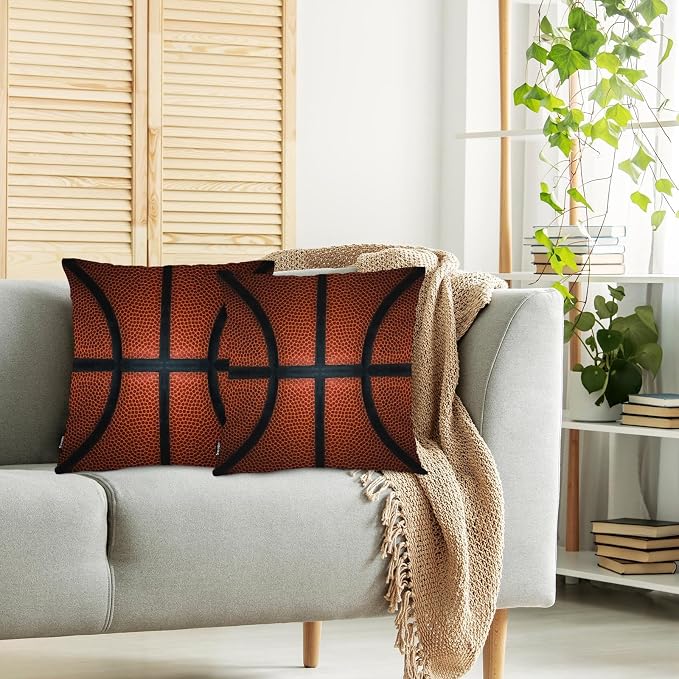 Swono Basketball Set of 2 Throw Pillow Covers Retro Sport Game Basketball Ball 18x18 Inches Pillow Cases Standard Cushion Cover Square Pillowcases for Men Women Decorative Home Bed Sofa