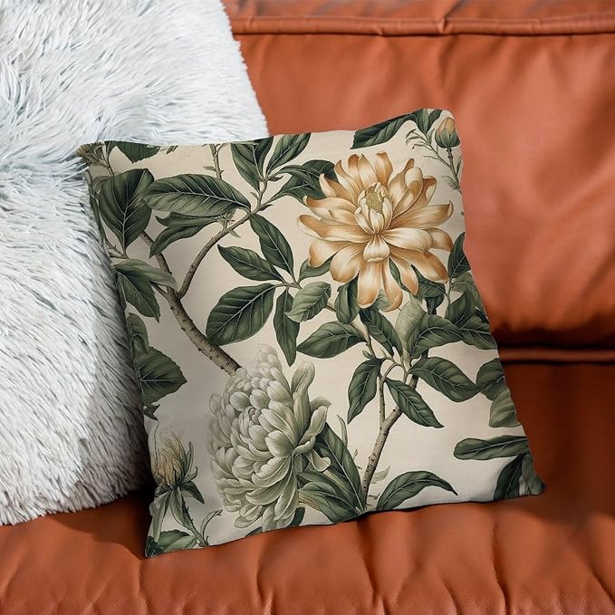 Green and White Chinoiserie Floral Pillow Cover Golden Lotus Flower Pillows 20x20 INAbstract Accent Modern Decorative Pillow Covers for Patio Couch Sofa