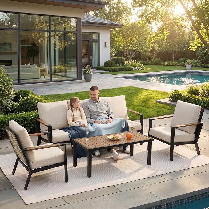 NATURAL EXPRESSIONS 4 Piece Patio Furniture Set, Outdoor Sectional Conversation Set with Handwoven Wicker Back & Fauxwood Tabletop, 3" Wide Arm with 6" Cushion, Metal Outdoor Couch for Porch, Yard
