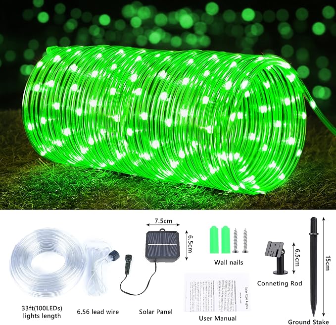 Solar Rope Lights, 2 Pack Total 66ft 200LED Solar String Lights, 8 Modes Waterproof Solar Outdoor Light, Flexible Clear Trampoline Light for Garden Yard Patio Deck Porch Pool Tree Decor - Green