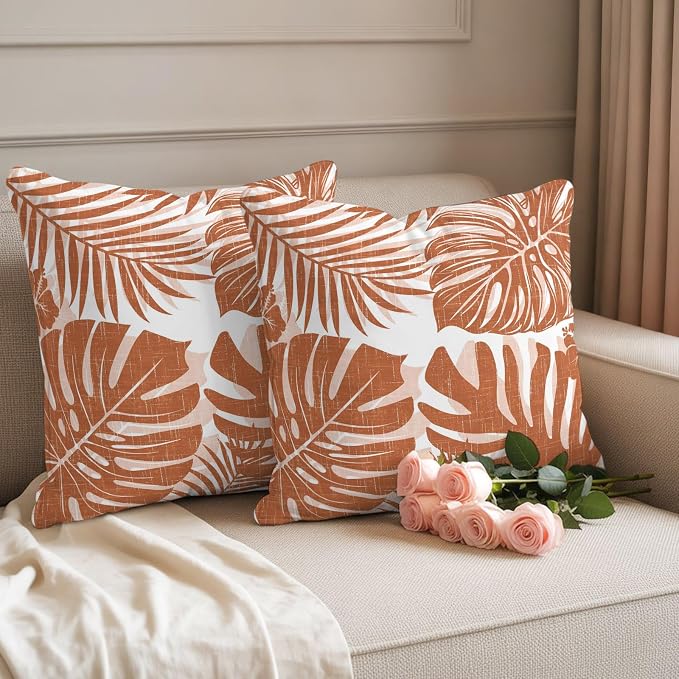 Burnt Orange Palm Leaves Outdoor Pillow Covers 16"x16" Set of 2, Tropical Botanical Minimalist Modern Waterproof Throw Pillow Covers for Patio Furniture, Decorative Cushion Covers for Porch
