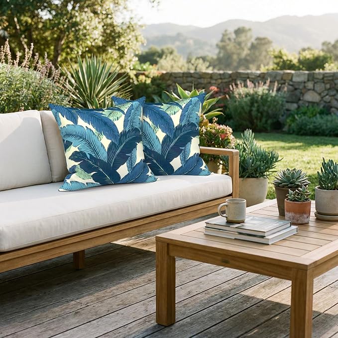 Pack of 2 Patio Throw Pillow Covers ONLY, Water Repellent Cushion Cases 20x20 Inch, Square Pillowcases for Outdoor Couch Decoration, Swaying Palms Blue