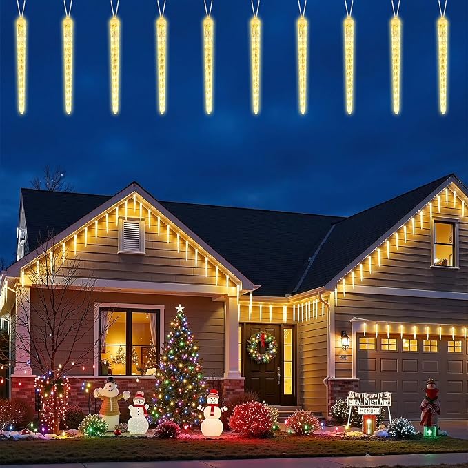 Brightown Christmas Icicle Lights Outdoor, 19.8Ft with 20 Large Tube 480 LED Meteor Shower Dropping Effect, Waterproof Icicle Lights Christmas Decorations for House Eave Roofline, Warm White