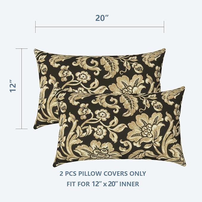LVTXIII Outdoor Lumbar Pillow Covers Set of 2 Patio Decorative Pillow Cases, Water Repellent Lumbar Cushion Cases for Sofa, Patio Couch Garden Use, 12x20 Inch, Jacobean Black